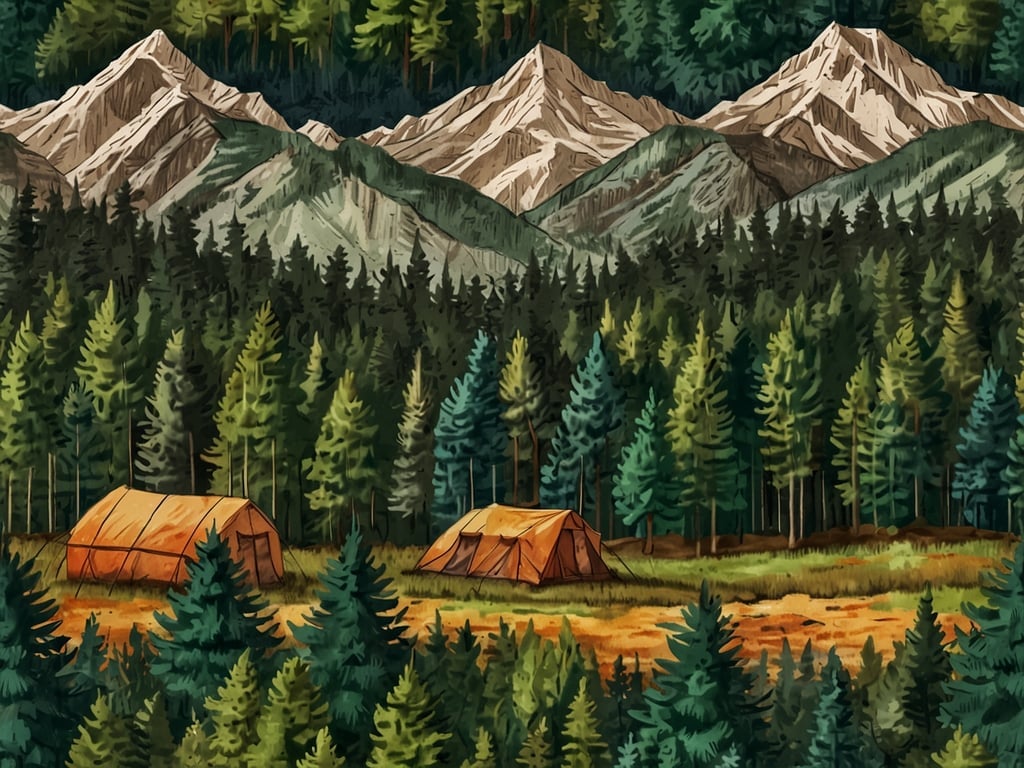 Auf dem Bild sieht man eine idyllische, von dichten Wäldern umgebene Landschaft mit zwei Zelten im Vordergrund und imposanten Bergen im Hintergrund. Diese Umgebung lädt zu zahlreichen Abenteuern ein. Stell dir vor, du könntest eine Wanderung durch die majestätischen Berge unternehmen, den frischen Duft der Tannenbäume inhalieren und vielleicht sogar einen glitzernden Bergsee entdecken, in dem du schwimmen oder angeln kannst.

In der Umgebung gibt es viele Möglichkeiten für Erlebnisse wie Lagerfeuerabende mit Geschichten unter dem Sternenhimmel, ausgedehnte Fahrradtouren durch die Wälder oder spannende Tierbeobachtungen. Du könntest auch eine Nacht unter den Sternen im Zelt verbringen und den Klang der Natur genießen, während du über das nächste Abenteuer nachdenkst – sei es das Erklimmen eines Gipfels oder das Entdecken versteckter Wanderpfade in dieser traumhaften Landschaft.