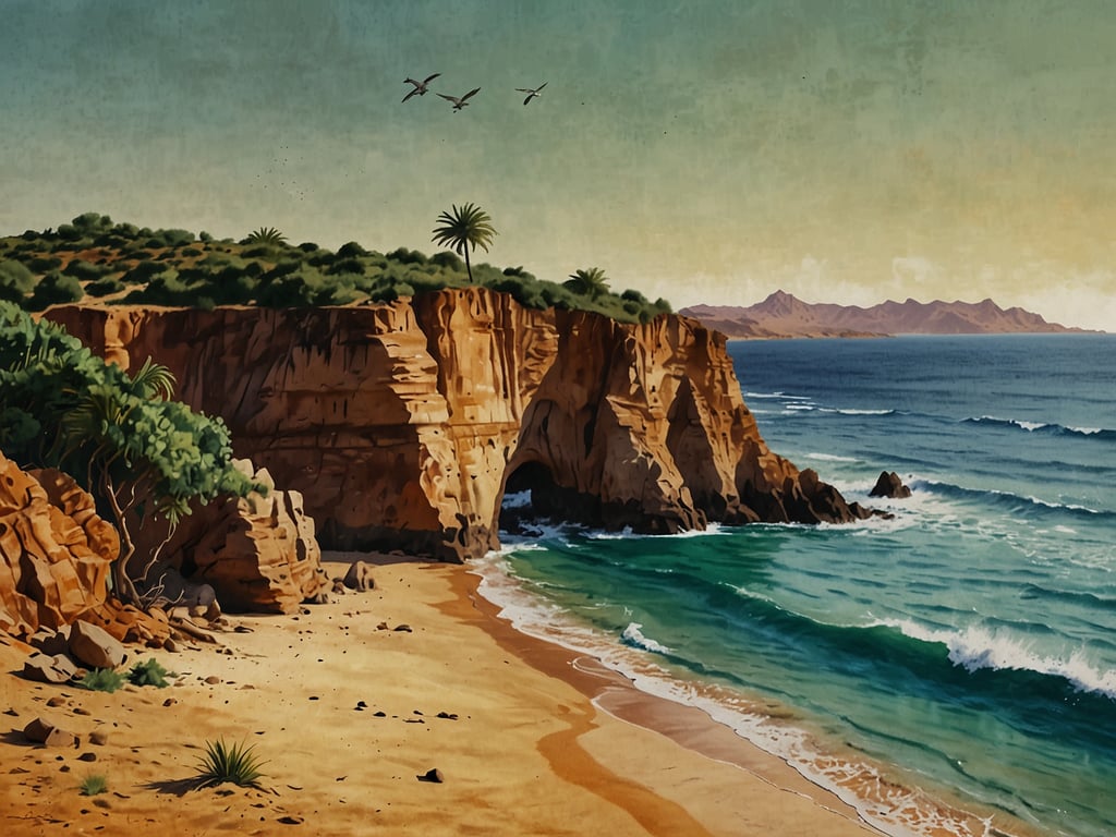 Auf dem Bild ist eine malerische Küstenlandschaft mit Klippen, grünem Bewuchs und Wellen zu sehen. Diese Idylle erinnert an die atemberaubenden Strände und Landschaften, die man in La Guajira, Kolumbien, entdecken kann.

**Reisetipps für La Guajira:**

1. **Besuch von Cabo de la Vela**: Die wunderschönen Strände und die spektakulären Sonnenuntergänge sind ein Muss. Genießen Sie die lokale Küche und probieren Sie frische Meeresfrüchte.

2. **Wanderung zur Wüste**: Die Wüste von La Guajira bietet beeindruckende Landschaften und eine einzigartige Flora und Fauna. Es gibt verschiedene geführte Touren, die die besten Spots zeigen.

3. **Kultur erleben**: Besuchen Sie die Wayuu-Gemeinden und lernen Sie mehr über ihre Traditionen und Kunsthandwerk. Dies unterstützt auch die lokale Wirtschaft.

4. **Lagune von Wynima**: Diese Lagune ist ideal für Vogelbeobachtungen und entspannte Tage am Wasser.

5. **Sicherheitsvorkehrungen**: Informieren Sie sich über die lokalen Gegebenheiten und halten Sie Rücksprache mit zuverlässigen Reiseanbietern, um sicherzustellen, dass Sie gut vorbereitet sind.

Viel Spaß bei Ihrer Erkundung von La Guajira!