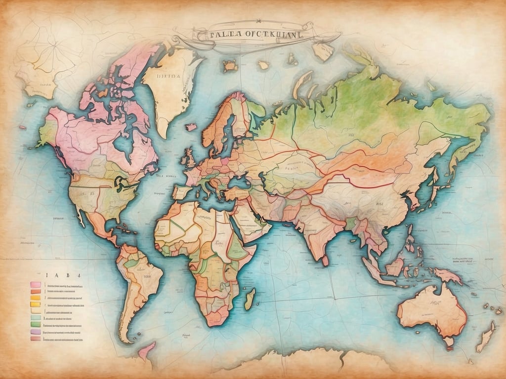 Auf dem Bild ist eine historische Weltkarte zu sehen, die in verschiedenen Farben eingeteilt ist. Die unterschiedlichen Farben scheinen verschiedene Regionen oder geographische Merkmale darzustellen. Außerdem sind politische Grenzen und wahrscheinlich wichtige Städte oder Gebiete eingezeichnet. Die Karte hat einen alten, handgezeichneten Look und könnte dazu dienen, Informationen über verschiedene Länder oder Kulturen zu vermitteln. 

Die optimale Route finden: Um die Informationen auf dieser Karte effektiv zu nutzen, könnte man sich zunächst auf die jeweiligen Farben und ihre Bedeutungen konzentrieren. Danach lassen sich gezielte geografische oder kulturelle Recherchen ansetzen, um die Erkenntnisse weiter zu vertiefen.