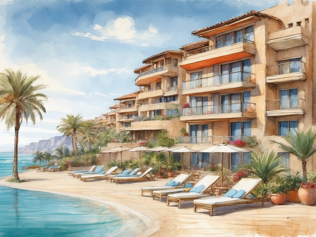Auf dem Bild ist eine malerische Strandlandschaft mit mehreren klimatisierten Unterkünften zu sehen, die von Palmen und Liegen umgeben sind. Im Hintergrund erkennt man eine moderne Architektur, die an die stilvollen Gebäude im ROBINSON CLUB DJERBA BAHIYA erinnert. Diese bieten eine entspannende Atmosphäre direkt am Meer, perfekt für einen Urlaub mit vielen Freizeitmöglichkeiten. Die Umgebung scheint einladend und tropisch, ideal für Erholung und Aktivitäten am Strand.