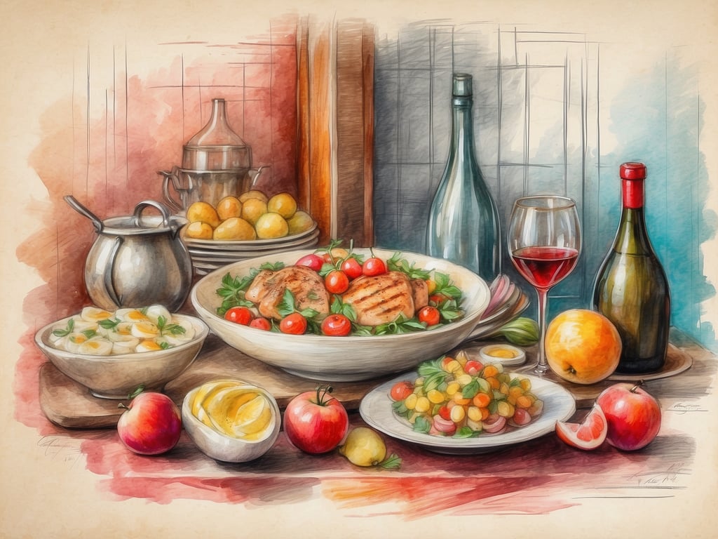 Auf dem Bild sind verschiedene kulinarische Köstlichkeiten zu sehen, die an ein Buffet im ROBINSON CLUB erinnern. Es gibt eine große Schüssel mit Grillfleisch und frischen Tomaten, umgeben von einer bunten Salatvariation. Daneben befinden sich mehrere Beilagen, darunter ein cremiger Salat und frisches Obst wie Äpfel, Zitronen und eine Grapefruit. Eine elegante Flasche Rotwein und ein Glas ergänzen das Bild, und die gesamte Anordnung strahlt eine einladende Atmosphäre aus, die typisch für die Genussangebote in einem ROBINSON CLUB ist.