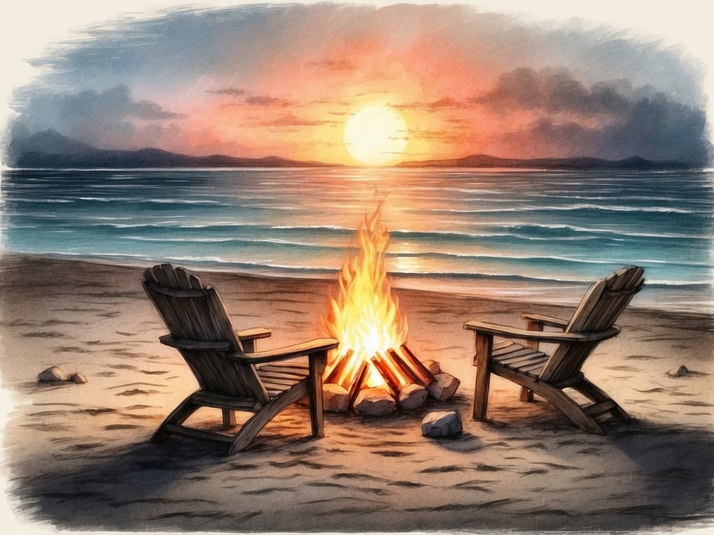 Auf dem Bild sind zwei Liegestühle am Strand zu sehen, die rund um ein Lagerfeuer angeordnet sind. Es ist Sonnenuntergang, und die Farben des Himmels verleihen der Szene eine entspannende Atmosphäre. 

Mögliche Aktivitäten und Unterhaltungsmöglichkeiten in dieser Umgebung könnten sein:

1. **Lagerfeuergeschichten erzählen:** Eine gemütliche Runde von Freunden, die Geschichten oder Anekdoten austauschen.
2. **S'mores zubereiten:** Marshmallows rösten und sie zusammen mit Schokolade und Keksen genießen.
3. **Musik hören oder spielen:** Eine Gitarre oder einen Lautsprecher mitbringen, um Musik zu hören oder selbst zu spielen.
4. **Sternenhimmel beobachten:** Nach Sonnenuntergang kann man die Sterne betrachten und vielleicht sogar Sternenkonstellationen lernen.
5. **Spiele spielen:** Brettspiele oder Kartenspiele mit Freunden im Freien spielen.

Solch eine Umgebung bietet eine perfekte Mischung aus Entspannung und Geselligkeit.