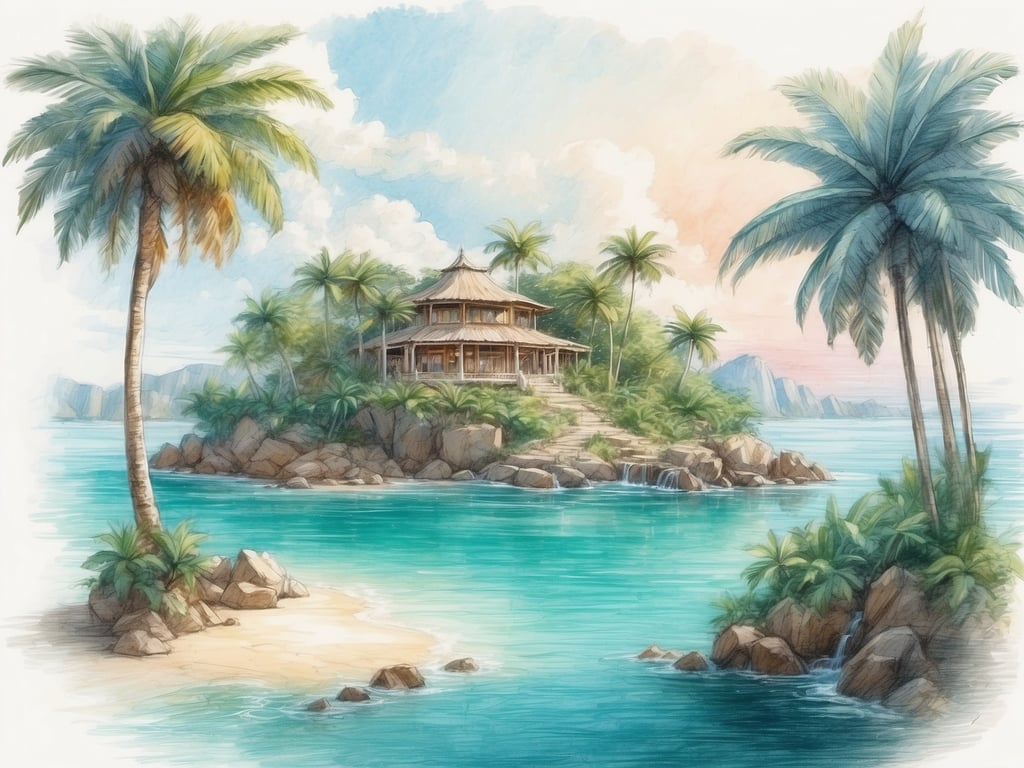 Auf dem Bild ist eine idyllische tropische Szenerie zu sehen. Es zeigt eine kleine, von Palmen umgebene Insel mit einem traditionellen, reetgedeckten Gebäude, das möglicherweise als Ruhe- oder Freizeitort dient. Umgeben von klarem, türkisfarbenem Wasser, fügt sich die Landschaft harmonisch in die tropische Umgebung ein. Dies erinnert an die Lage des ROBINSON CLUB MALDIVES, der für seine wunderschöne Natur und Erholungsmöglichkeiten bekannt ist.