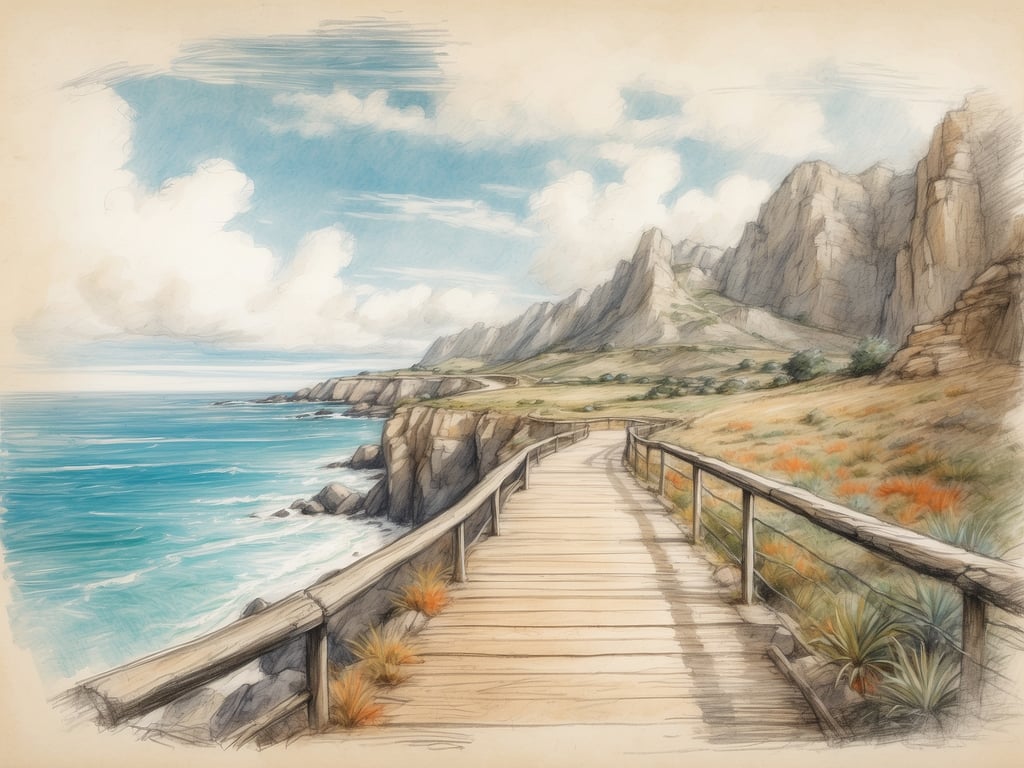 Auf dem Bild ist ein malerischer Holzsteg zu sehen, der entlang einer Küste verläuft. Die Umgebung zeigt eine beeindruckende Landschaft mit hohen Bergen im Hintergrund und dem blauen Meer im Vordergrund. Grüne Wiesen und einige bunte Pflanzen säumen den Weg, was auf vielzählige Möglichkeiten für Spaziergänge und Wanderungen hinweist. Diese Szenerie eignet sich hervorragend für Aktivitäten wie Naturerkundungen, Fotografie oder einfach zum Entspannen in der Natur.