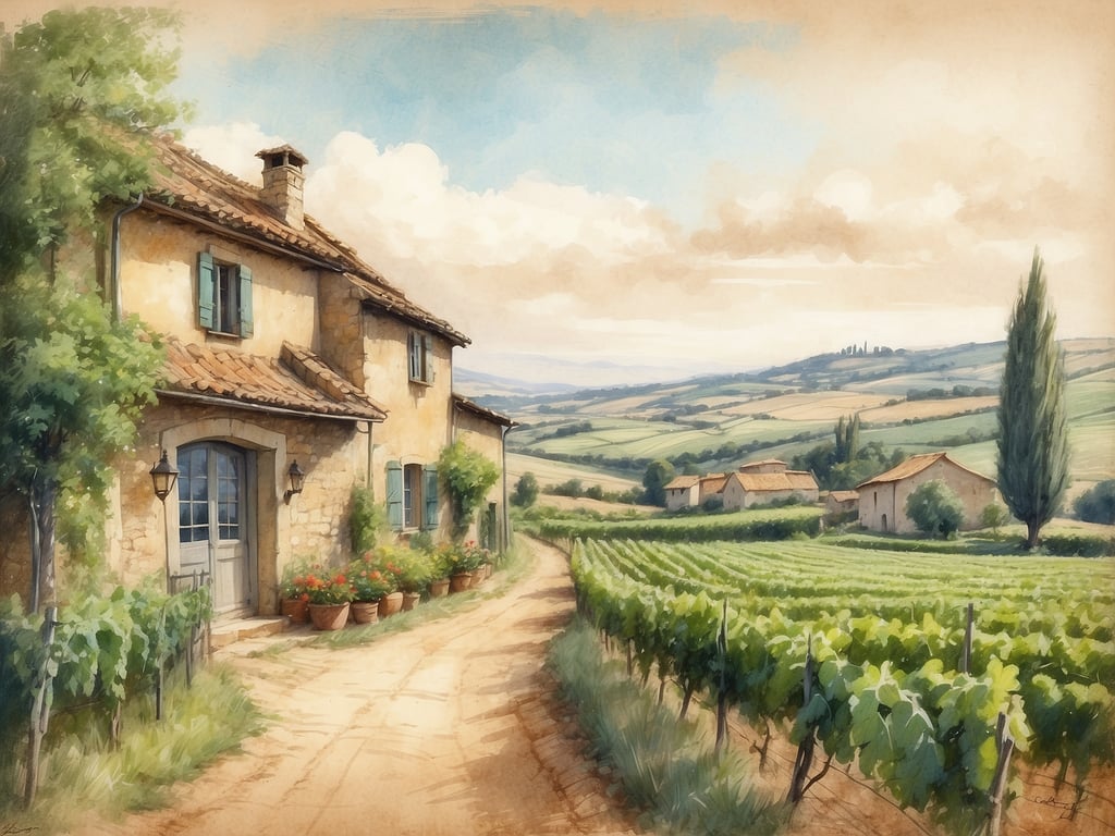 Auf dem Bild ist eine malerische Landschaft zu sehen, die die typische Umgebung von Domaine Sainte Véziane widerspiegelt. Im Vordergrund erkennt man einen verwunschenen Weg, der entlang eines charmanten Weinguts führt. An den Seiten des Weges stehen Töpfe mit blühenden Pflanzen, und ein rustikales Haus mit braunem Dach und hellen Wänden ist zu sehen, das von üppigen Pflanzen umgeben ist. Im Hintergrund erstrecken sich sanfte Hügel mit Weinreben, die sich harmonisch in die Landschaft einfügen, während einige weitere Gebäude in der Ferne sichtbar sind. Der Himmel ist hell und freundlich, was eine angenehme, ländliche Atmosphäre schafft.