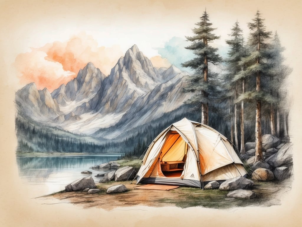 Auf dem Bild ist ein Zelt zu sehen, das in einer malerischen Umgebung mit Bergen und Bäumen aufgestellt ist, wahrscheinlich an einem ruhigen Seeufer. Die Landschaft wirkt friedlich und einladend.

Glamping, kurz für 
