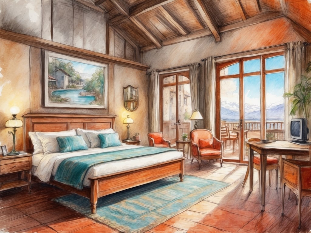 Auf dem Bild ist ein gemütliches Schlafzimmer in einer Unterkunft zu sehen. Es ist hell und einladend gestaltet, mit einem großen Bett, das mit Kissen und einer Decke in sanften Farben geschmückt ist. Neben dem Bett steht ein Nachttisch mit einer Lampe und einem kleinen Rahmen. 

Die Wände sind in warmen Tönen gehalten, und ein großes Fenster lässt viel Licht herein, während es einen schönen Ausblick auf die umliegende Landschaft bietet. Am Fenster gibt es auch einen Balkon, auf dem Stühle stehen. Die Einrichtung umfasst einen kleinen Tisch und Stühle sowie weitere Dekorationselemente wie eine Pflanze und ein Bild an der Wand, das eine idyllische Szene darstellt. 

Insgesamt strahlt der Raum eine komfortable und entspannende Atmosphäre aus, die typisch für eine hochwertige Unterkunft ist.