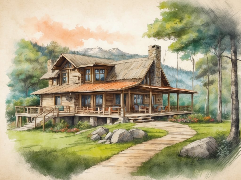 Auf dem Bild ist ein rustikales Holzhaus zu sehen, umgeben von einer malerischen Waldlandschaft. Es hat eine Veranda mit Stühlen und einen Steinkamin, was auf Gemütlichkeit und Naturverbundenheit hinweist. Die Umgebung besteht aus Bäumen, Hügeln und Sträuchern, was die Idylle verstärkt.

Roompot Park - L'Orée du Bois ist ein Ferienpark, der in einer ruhigen, natürlichen Umgebung liegt und ideal für Familien sowie Naturliebhaber ist. Der Park bietet Unterkünfte in verschiedenen Stilen, oft im Einklang mit der Natur, und hat zahlreiche Freizeitmöglichkeiten wie Wander- und Radwege, sowie Aktivitäten für Kinder. Der Fokus liegt auf Erholung und dem Genießen der schönen Landschaft.