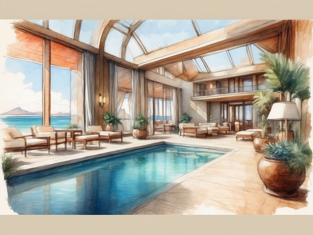 Auf dem Bild ist eine luxuriöse Unterkunft zu sehen, die einen modernen Raum mit großen Fenstern und viel Tageslicht zeigt. Die Ausstattung umfasst einen eleganten Innenpool, komfortable Sitzmöglichkeiten aus Holz, Pflanzen zur Dekoration und großzügige Sicht auf das Meer. Die hohen Decken und das offene Design verleihen der Fläche eine luftige und entspannte Atmosphäre. Die Einrichtung scheint auf einen hohen Komfort und eine stilvolle Gestaltung ausgelegt zu sein.