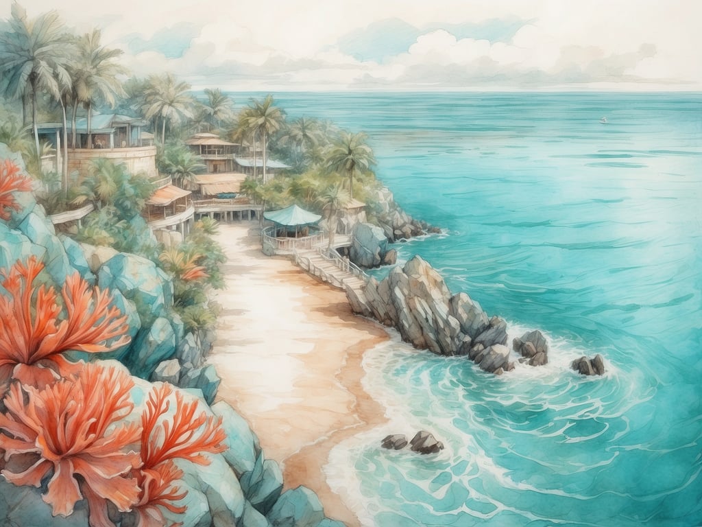 Auf dem Bild ist eine malerische Küstenlandschaft zu sehen, die die Schönheit des Roten Meeres widerspiegelt. Man sieht blaue Wellen, die sanft an einen sandigen Strand spülen, umgeben von felsigen Ausläufern. Im Vordergrund wachsen leuchtend rote Korallen, die einen wunderschönen Kontrast zur türkisfarbenen See bilden. In der Umgebung befinden sich Palmen und am Hang liegen stilvolle Gebäude, die zum Entspannen einladen. Der Himmel ist leicht bewölkt, was der Szenerie eine friedliche Atmosphäre verleiht.