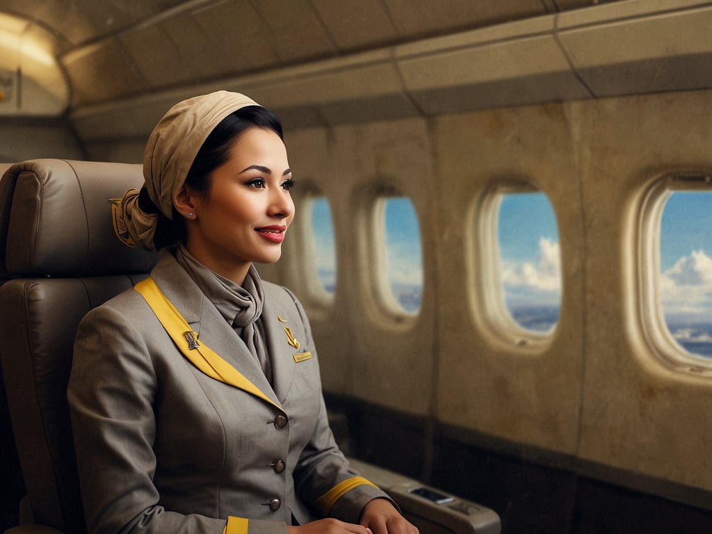 Auf dem Bild ist eine Flugbegleiterin in einer Kabine zu sehen. Sie trägt ein elegantes, graues Outfit mit gelben Akzenten und einem Kopftuch. Die Fenster hinter ihr zeigen eine Aussicht auf den Himmel und Wolken. Dieses Bild könnte eine Darstellung der Royal Brunei Airlines sein, die für ihre hervorragende Kabinenbesatzung bekannt ist. Tatsächlich wurde sie bereits zum fünften Mal zur „Weltbesten Kabinenbesatzung“ ausgezeichnet.