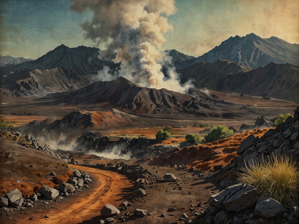 Das Bild zeigt eine beeindruckende Vulkanlandschaft, in der rauchende Vulkane majestätisch aus der Erde ragen. Die Berge im Hintergrund sind mit einer dichten, mystischen Atmosphäre umgeben, während Wolken aus Dampf und Rauch in den Himmel aufsteigen. Die orangefarbenen und braunen Erdtöne deuten auf eine karge, aber faszinierende Umgebung hin. 

In dieser Vulkanlandschaft könnte man ein Abenteuer erleben, indem man die geheimnisvollen Wege erkundet, die um die Vulkane herumführen. Die Kombination aus rauem Terrain, den beeindruckenden Ausbrüchen und der unberührten Natur lädt dazu ein, die Elemente der Erde hautnah zu spüren und die Kräfte der Natur zu bewundern.
