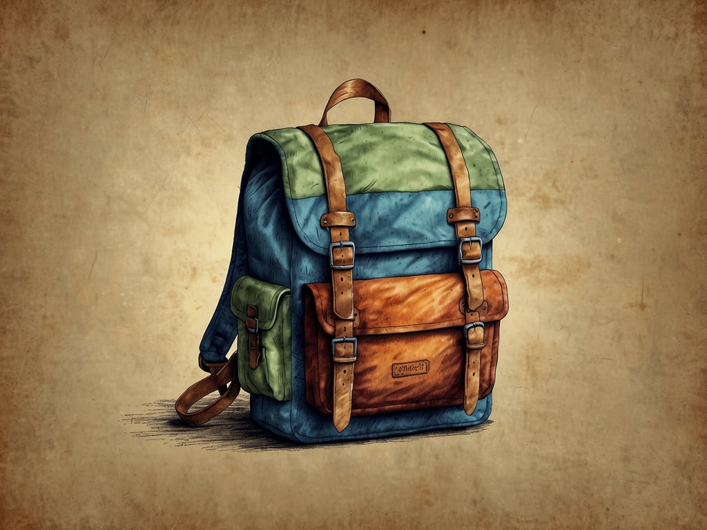 Auf dem Bild ist ein Rucksack zu sehen. Er hat eine farbenfrohe Gestaltung mit grünen, blauen und braunen Elementen. Der Rucksack hat Leder-Details und scheint recht robust und praktisch zu sein.