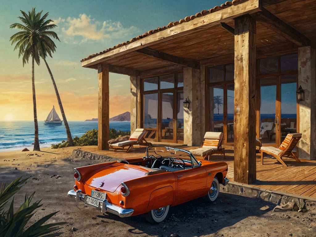 Auf dem Bild ist eine schöne Küstenlandschaft mit einem orangefarbenen Cabrio zu sehen. Das Auto steht auf einem sandigen Boden in der Nähe eines Holzhauses, das offene Fenster hat und eine Terrasse mit Liegestühlen. Im Hintergrund sieht man das Meer und ein Segelboot, sowie Palmen, die eine tropische Atmosphäre vermitteln. Der Sonnenuntergang sorgt für eine malerische Stimmung. Ist das die Art von Beschreibung, die du gesucht hast?