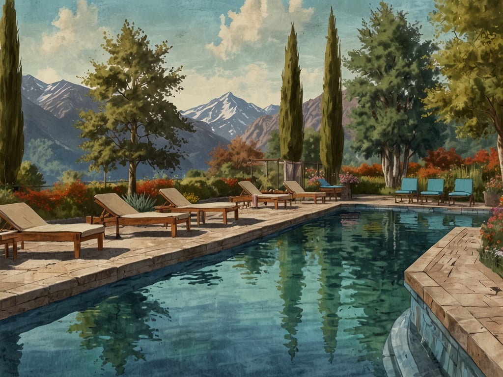 Auf dem Bild ist ein ruhiger Poolbereich zu sehen. 

In der Mitte befindet sich ein schöner, blauer Pool, umgeben von einer gepflasterten Terrasse. 

Es gibt mehrere bequeme Liegestühle in hellen Farbtönen, die in der Sonne stehen. 

Im Hintergrund erhebt sich eine malerische Berglandschaft mit schneebedeckten Gipfeln, die von üppigem Grün und bunten Blumen umgeben ist. 

Hohe Bäume und Sträucher sorgen für eine entspannende Atmosphäre. 

Die gesamte Szenerie strahlt Ruhe und Entspannung aus, ideal für eine Auszeit im Freien.