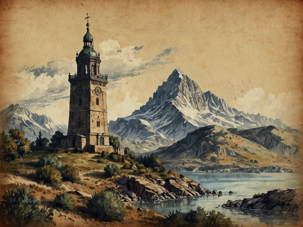 Auf dem Bild ist ein malerischer Turm zu sehen, umgeben von einer beeindruckenden Berglandschaft. Der Turm hat eine markante Architektur mit einer Kuppel und einer Uhr. Im Hintergrund erheben sich große Berge, während im Vordergrund ein ruhiger See zu sehen ist, der die natürliche Schönheit der Umgebung widerspiegelt. Diese Szenerie könnte perfekt für eine Rundfahrt in der Natur sein, um die atemberaubenden Ausblicke zu genießen.