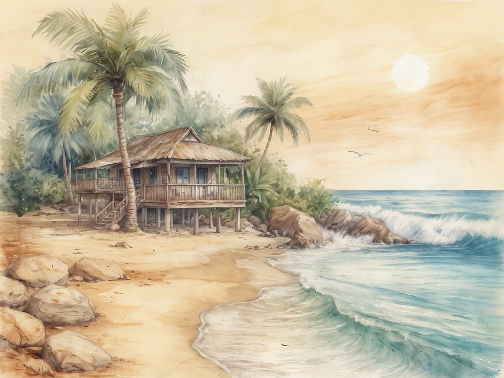 Auf dem Bild sieht man eine malerische Küstenlandschaft, die eine Mischung aus ruhiger Natur und menschlicher Schöpfung darstellt. Hier steht ein einfaches, aber charmantes Holzhaus auf Stelzen, umgeben von Palmen und einer sanften Meereslandschaft. Die Sonne strahlt am Horizonte und verleiht der Szenerie eine warme, einladende Atmosphäre.

In der Geschichte von S'Illot ist dieser Ort ein Symbol für Ruhe und Harmonie, wo die Menschen im Einklang mit der Natur leben. Die Umgebung lädt zu Entspannung und Versöhnung in der Stille der Natur ein, wie sie in den Erzählungen über S'Illot oft beschrieben wird. Die Wellen, die sanft an den Strand plätschern, und die warmen Farben des Himmels spiegeln die friedliche Stimmung wider, die sowohl in der Landschaft als auch in den Geschichten dargestellt wird.