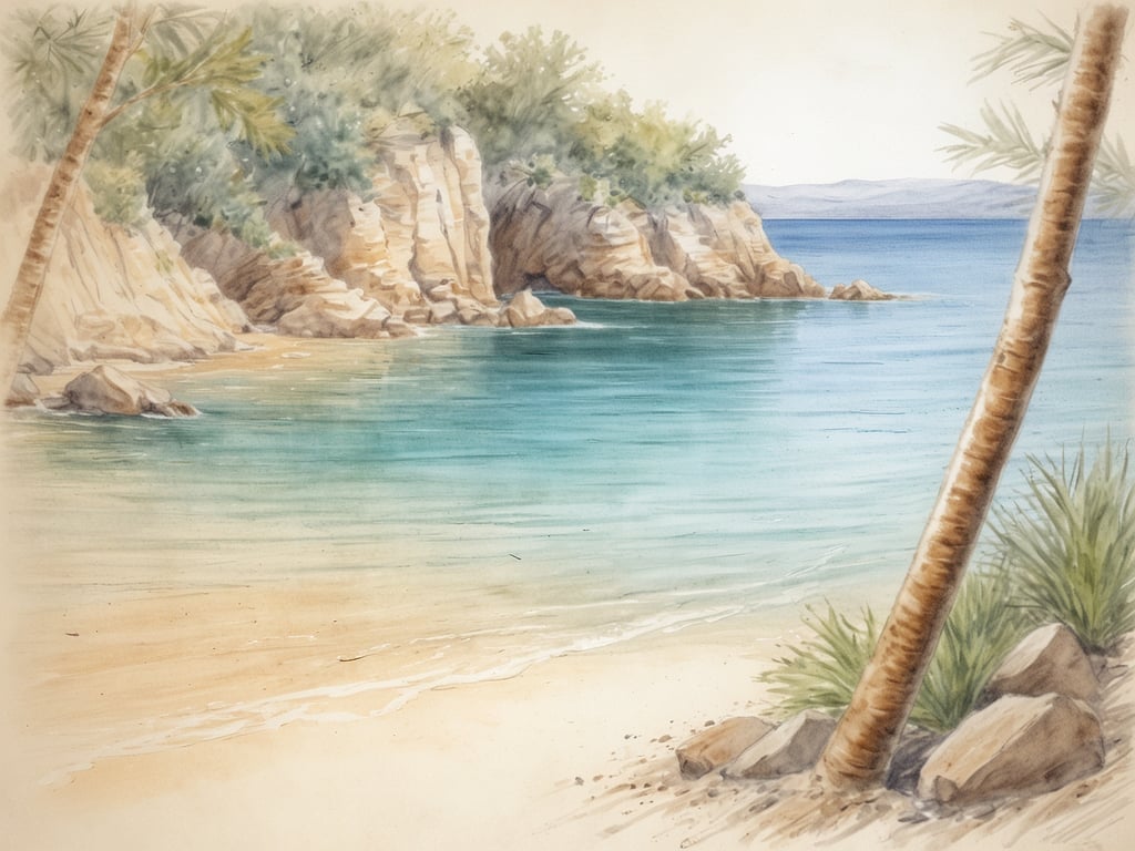 Auf dem Bild sind die Strände von S'Illot zu sehen, die durch ihre malerische Küstenlinie und das klare, ruhige Wasser geprägt sind. Die sanften Wellen umspülen den feinen Sandstrand, während beeindruckende Felsen und üppige Vegetation im Hintergrund zur idyllischen Landschaft beitragen. Die harmonischen Farben und die ruhige Atmosphäre vermitteln ein Gefühl von Entspannung und Naturverbundenheit.