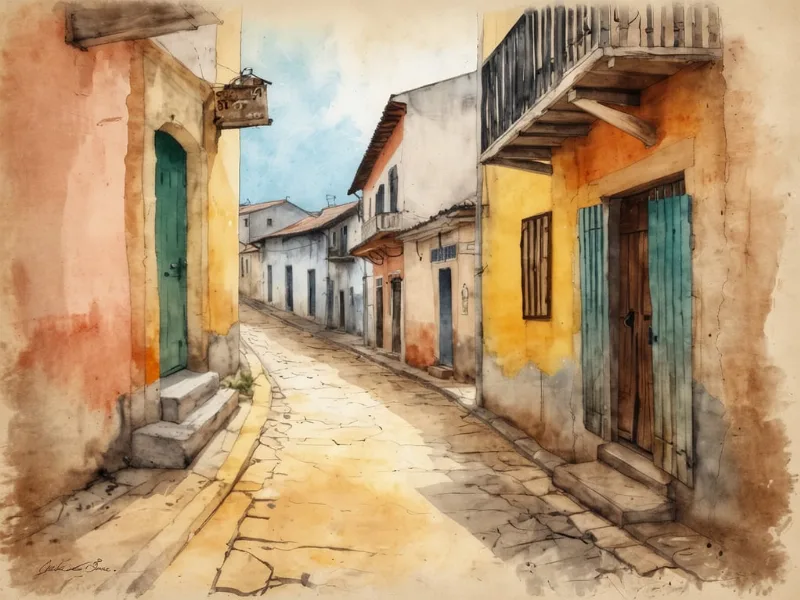 Aquarell-Illustration: Enge Gasse in Kolonialarchitektur mit gelben und blauen Fassaden, Kopfsteinpflaster, Straßenlaternen und Palmen unter blauem Himmel