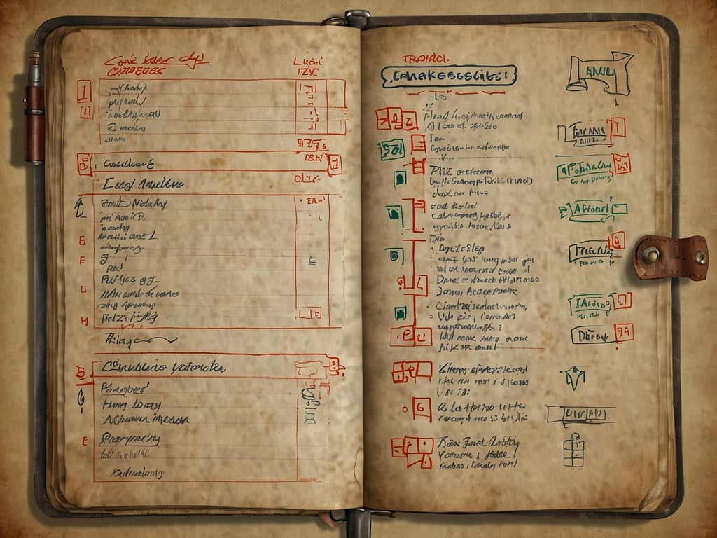 Auf dem Bild ist eine offen gelegte Notizbuchseite zu sehen, die scheinbar eine Art Anleitung oder Checkliste enthält. Sie enthält verschiedene Begriffe und Notizen, die möglicherweise für einen Besuch an einem bestimmten Ort oder Event relevant sind. Die Seite ist handschriftlich mit bunten Stiften bearbeitet und enthält Symbole sowie Aufzählungen.

**Praktische Tipps für Deinen Besuch:**

1. **Vorbereitung:** Überprüfe die Liste vor deinem Besuch, um sicherzustellen, dass du alles Notwendige dabei hast.
2. **Notizen machen:** Verwende ein ähnliches Notizbuch, um wichtige Informationen zu notieren, während du vor Ort bist.
3. **Symbole verstehen:** Achte auf die Symbole und Farben, um die wichtigsten Punkte schnell zu erfassen.
4. **Planung:** Plane deinen Besuch im Voraus, um alle gewünschten Stationen zu erreichen. 

Viel Spaß bei deinem Besuch!