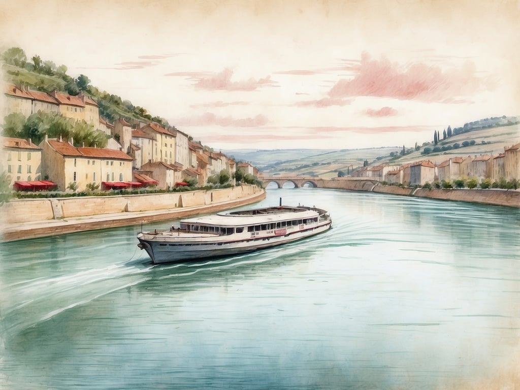 Auf dem Bild ist ein malerisches Szenario an der Saône zu sehen, einem Fluss in der Region Burgund, Frankreich. Eine elegante Flusskreuzfahrt-Yacht gleitet sanft über das ruhige Wasser, während das Ufer von charmanten Gebäuden mit roten Dachziegeln gesäumt ist. Im Hintergrund erstrecken sich sanfte Hügel, die die idyllische Landschaft Burgunds prägen. Dieses Bild vermittelt ein Gefühl von Ruhe und Genuss, das typisch für eine Flusskreuzfahrt in dieser wunderschönen Region ist.