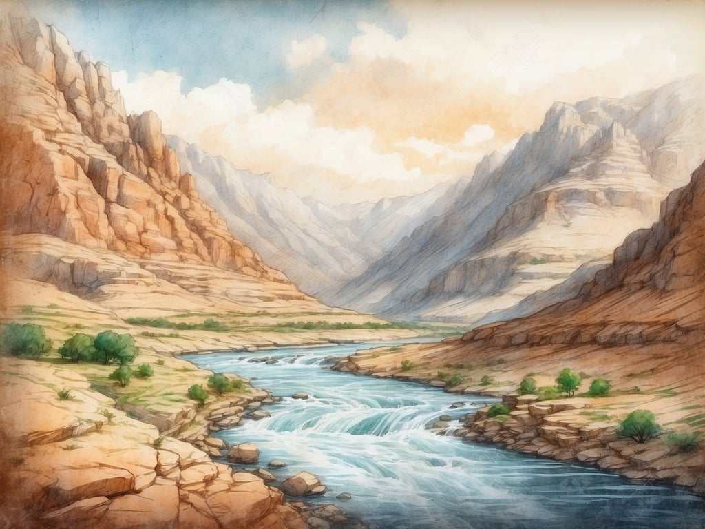 Auf dem Bild ist eine malerische Landschaft mit hohen Bergen und einem Fluss zu sehen. Die Umgebung ist von felsigen Hängen und sanften grünen Flächen geprägt. Die sanften Wasserströmungen des Flusses schlängeln sich durch die Szenerie, und der Himmel ist mit einigen Wolken versehen. Dies spiegelt die Schönheit der Natur wider und lädt dazu ein, die vielen Facetten der Landschaft zu entdecken. Tauchen Sie ein in die wunderbare Welt und lassen Sie sich von der Natur inspirieren.