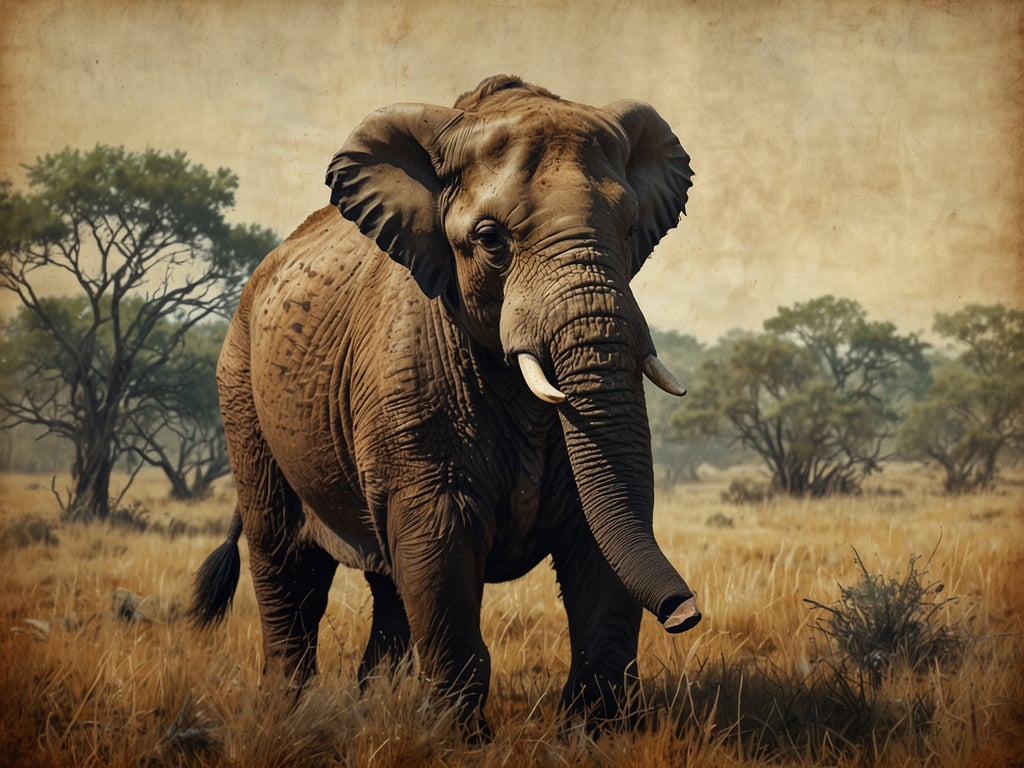Auf dem Bild ist ein majestätischer Elefant zu sehen, der in einer savannenartigen Landschaft steht. Die Umgebung besteht aus hohem, goldenem Gras und einigen Bäumen im Hintergrund, typisch für eine Safari-Reise in Afrika. Die warme Farbenpalette und die gedämpfte Textur des Bildes vermitteln ein nostalgisches Gefühl, das die Schönheit der Natur auf solchen Reisen widerspiegelt.