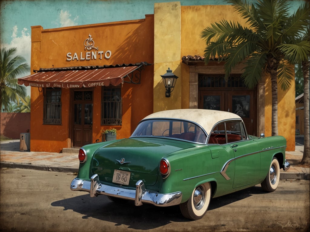 Auf dem Bild ist ein malerisches Szenario in Salento, dem bezaubernden Herzen des Kaffeeanbaugebiets, zu sehen. Im Vordergrund steht ein klassisches, mintgrünes Auto, das vor einem charmanten gelben und orangefarbenen Gebäude parkt, das als Café oder Laden zu erkennen ist. Der Schriftzug 
