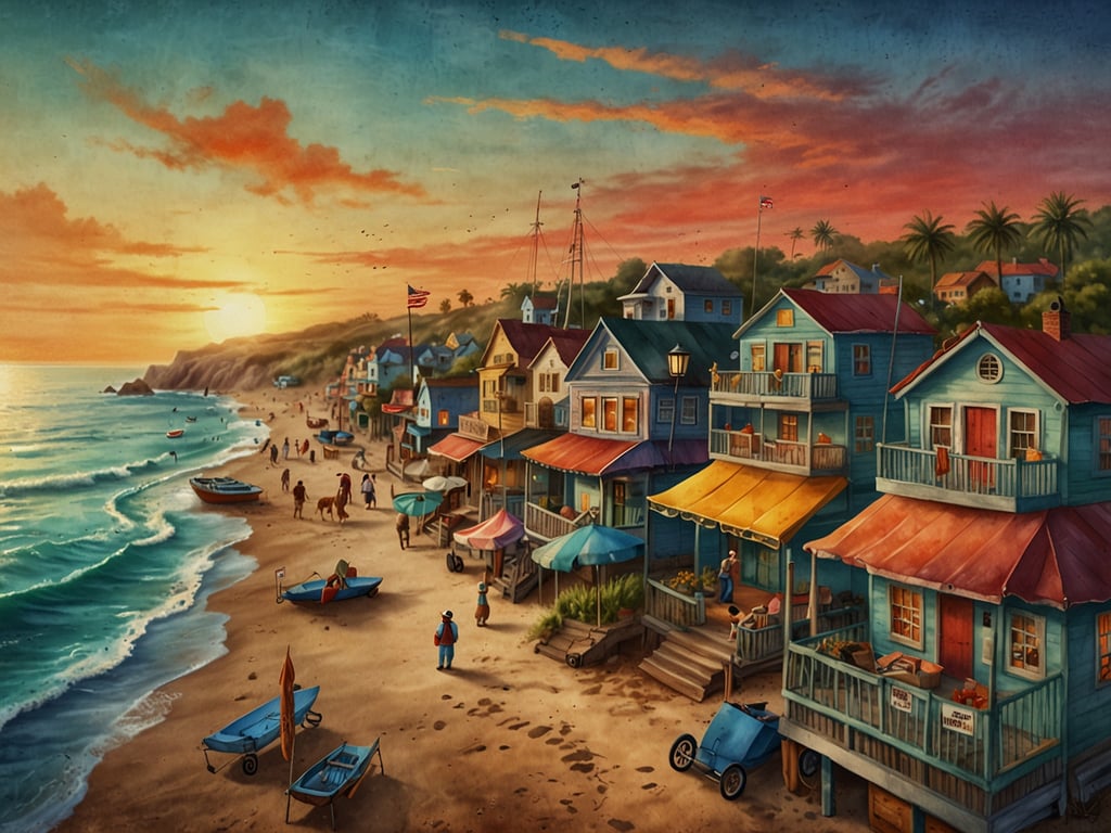 Auf dem Bild ist eine malerische Szene in der charmanten Küstenstadt Salinas zu sehen. Der Sonnenuntergang färbt den Himmel in warmen Farben, während die sanften Wellen des Meeres an den Strand plätschern. An der Küste stehen bunte Häuser mit Veranden, die einladend wirken. Einige Boote liegen am Strand, und Menschen bewegen sich entlang der Küste, was eine lebendige und entspannte Atmosphäre schafft. Palmen und Hügel im Hintergrund tragen zur idyllischen Szenerie bei.