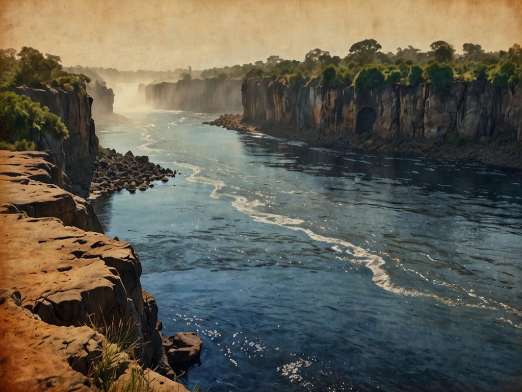 Auf dem Bild ist eine malerische Landschaft mit einem Fluss und steilen Ufern zu sehen, die von Bäumen und Felsen gesäumt sind. Es erinnert an die natürlichen Wunder Sambias, wie den mächtigen Sambesi-Fluss, der für seine beeindruckenden Wasserfälle, insbesondere die Vitóriafälle, bekannt ist. Die sanften Wellen und der Nebel, der über dem Wasser schwebt, verleihen der Szenerie eine mystische Atmosphäre, die man oft in der unberührten Natur Samia erleben kann.