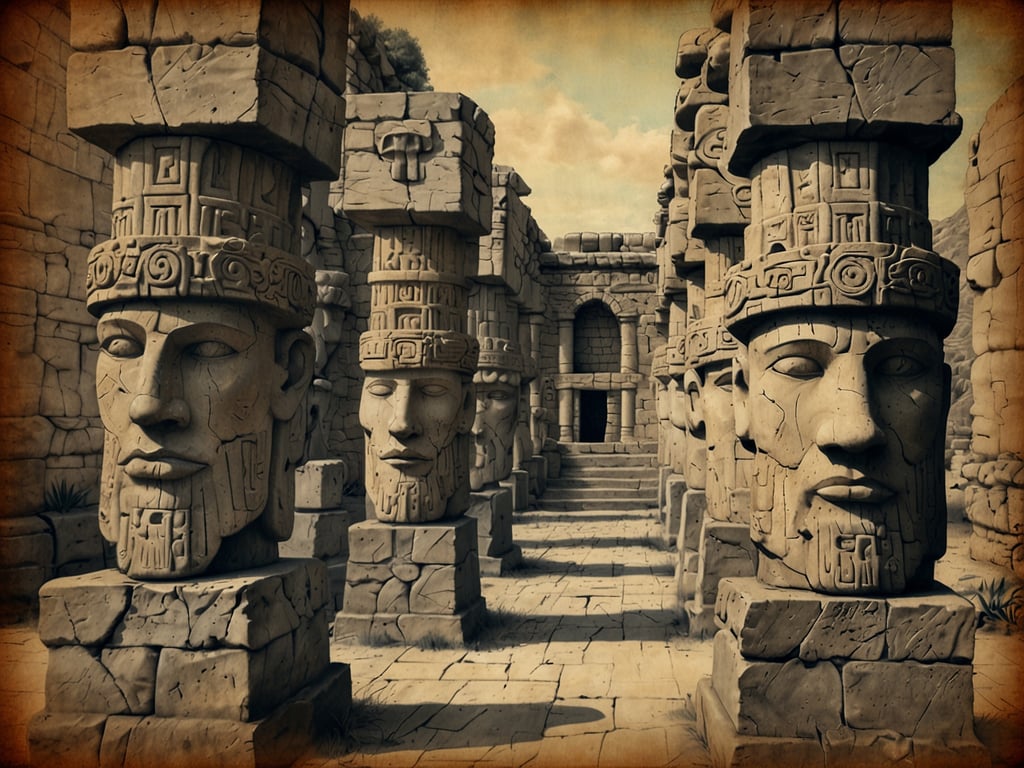 Auf dem Bild ist eine beeindruckende, monumentale Architektur zu sehen, die an eine alte, mythologische Ruine erinnert. Die Säulen sind mit detaillierten Gesichtern und Symbolen verziert, was an vergangene Zivilisationen und deren Kunst erinnert. 

Der Besuch eines solchen Parks könnte unvergessliche Erlebnisse bieten, wie das Staunen über die Kunstfertigkeit der Architektur und die Möglichkeit, in die Geschichte einzutauchen. Vielleicht könnte man bei einem Spaziergang durch diesen mystischen Ort die Atmosphäre der alten Kulturen spüren und sich von der Schönheit der Steinmetzarbeiten inspirieren lassen. Die Erkundung dieser beeindruckenden Strukturen könnte zu faszinierenden Gesprächen und Erinnerungen führen, die ein Leben lang halten.