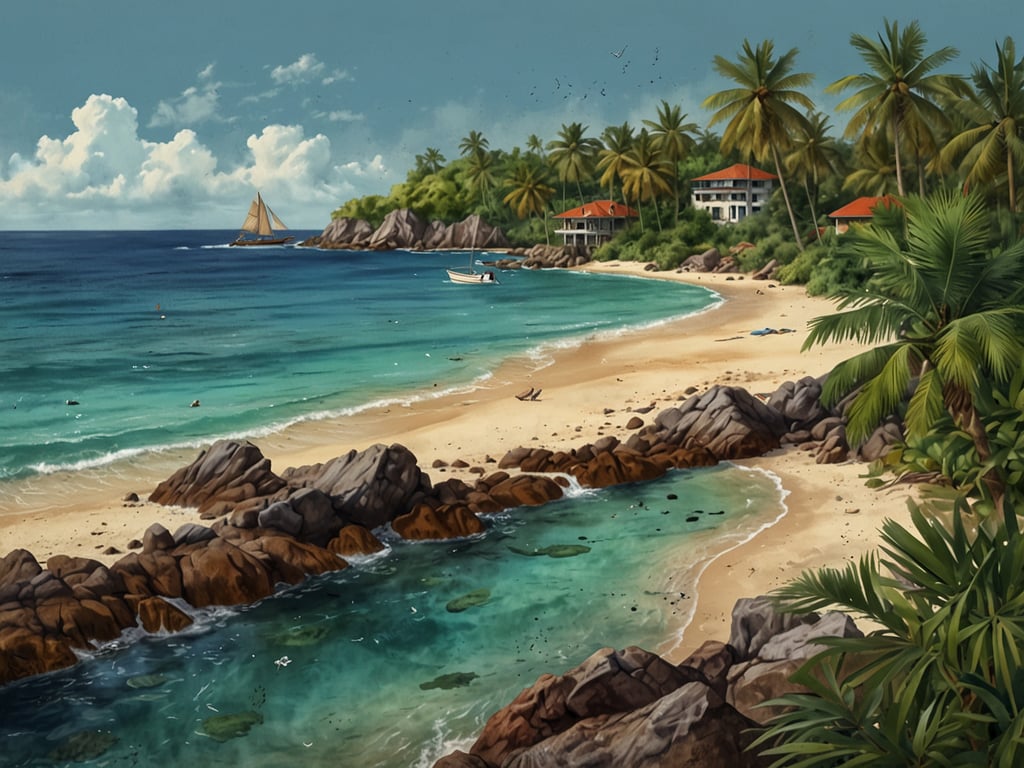 Auf dem Bild ist eine tropische Küstenlandschaft zu sehen, die in vielerlei Hinsicht an die Insel San Andrés erinnert. Diese Kolumbianische Karibikinsel ist bekannt für ihre spektakulären Strände, das kristallklare Wasser und eine vielfältige Unterwasserwelt.

Die gesamte Region um San Andrés ist für ihre bunten Korallenriffe berühmt, die zahlreiche Wasserlebewesen beherbergen, und es gibt viele Möglichkeiten zum Schnorcheln und Tauchen. Außerdem beeindruckt die Insel mit ihrer üppigen Vegetation, die von Palmen und anderen tropischen Pflanzen geprägt ist. Geheimtipps wie die 