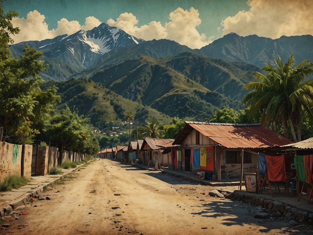 Auf dem Bild ist ein Blick auf San Andrés Itzapa zu sehen. Es zeigt eine ruhige, von Natur umgebene Straße, die von einfachen Häusern gesäumt ist. Die Häuser haben farbige Tücher und die Gebäude wirken schlicht. Im Hintergrund erheben sich majestätische grüne Berge, teils mit Schneebedeckung, unter einem blauen Himmel mit einigen Wolken. Die Landschaft strahlt eine friedliche und ländliche Atmosphäre aus.