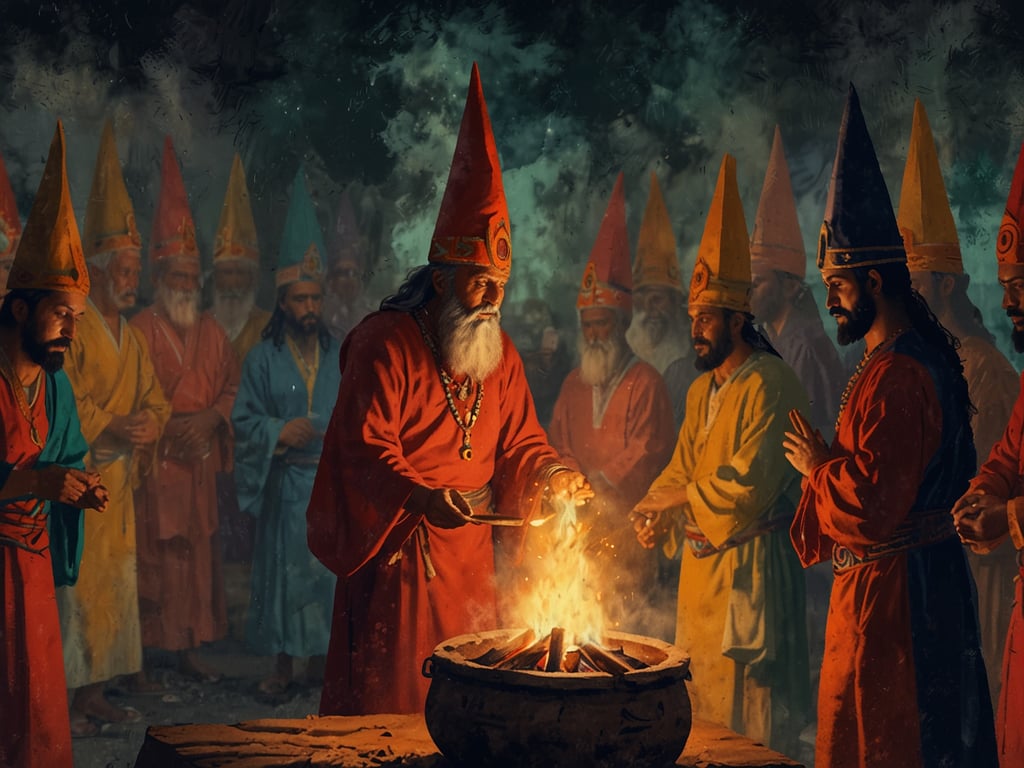 Auf dem Bild sind eine Gruppe von Menschen in traditionellen Gewändern zu sehen, die kerzenförmige Hüte tragen und sich um ein Feuer versammeln. Diese Szene könnte mit den Ritualen und Traditionen rund um Maximón, eine wichtige Figur in der guatemaltekischen Volksreligion, in Verbindung stehen.

Maximón wird oft als der 