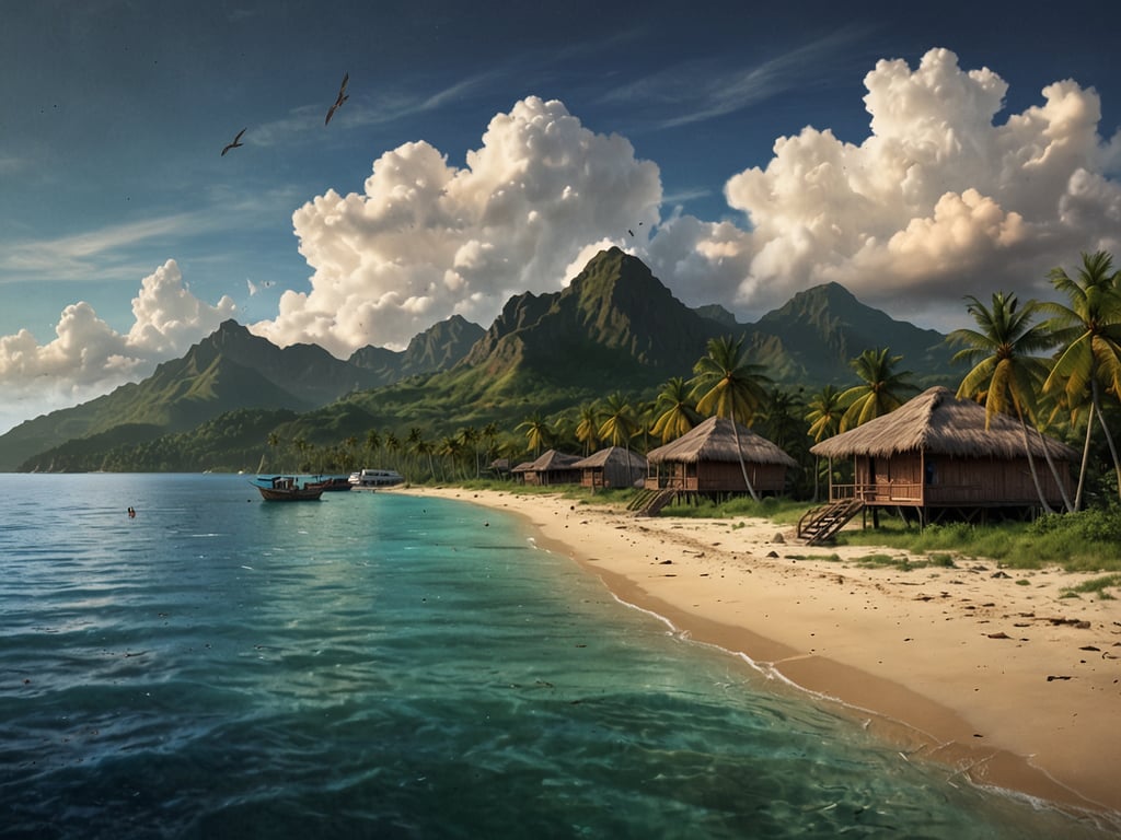 Auf dem Bild ist eine paradiesische Strandszene zu sehen, die von Palmen, einem klaren blauen Wasser und einer beeindruckenden Berglandschaft im Hintergrund geprägt ist. Es scheint ein tropisches Reiseziel zu sein, möglicherweise in einem Gebiet wie Polynesien oder den Karibikinseln.

### Reiseinformationen und Tipps:

1. **Anreise**: Überprüfen Sie die besten Flugverbindungen zu den nächstgelegenen Flughäfen. In vielen tropischen Ländern gibt es Flughäfen, die von internationalen Airlines bedient werden.

2. **Unterkunft**: Achten Sie darauf, Unterkünfte zu wählen, die sich in Strandnähe befinden, um den atemberaubenden Ausblick und den einfachen Zugang zum Wasser zu genießen. Bungalows oder Strandresorts sind oft eine gute Wahl.

3. **Aktivitäten**: Genießen Sie Wassersportarten wie Schnorcheln, Kajakfahren oder Bootstouren. Die Strände bieten in der Regel eine Vielzahl von Freizeitmöglichkeiten. 

4. **Essen**: Probieren Sie die lokale Küche! Frische Meeresfrüchte sind oft eine Delikatesse in tropischen Destinationen. 

5. **Kultur**: Informieren Sie sich über die Kultur des Landes und respektieren Sie lokale Bräuche, während Sie die Sehenswürdigkeiten erkunden.

6. **Sicherheit**: Achten Sie stets auf Ihre Wertsachen, insbesondere an öffentlichen Stränden. Halten Sie sich an die Empfehlungen der Einheimischen bezüglich Badebedingungen und Umweltbewusstsein.

7. **Klima**: Informieren Sie sich über die beste Reisezeit für Ihr Ziel, um die besten Wetterbedingungen zu genießen.

Ein Besuch an einem solchen Ort verspricht Erholung und unvergessliche Erlebnisse!