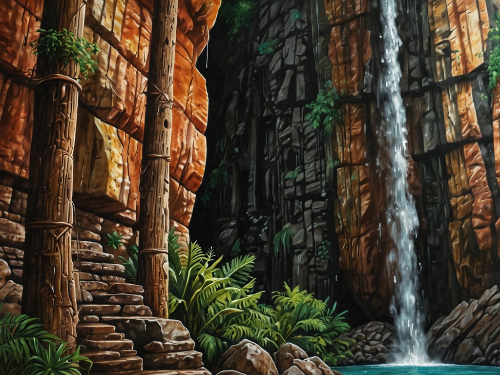 Auf dem Bild ist eine malerische Szene zu sehen, die einen Wasserfall zeigt, der in einen klaren Pool fällt. Die Umgebung ist von hohen Felsen und üppigem Grün umgeben. Man könnte sich vorstellen, dass hier Abenteuer wie Wandern oder Schwimmen stattfinden. Vielleicht könnte man die Stufen hinaufsteigen, um eine bessere Aussicht auf den Wasserfall zu genießen, oder einfach am Wasser entspannen und die Natur lauschen. Solch eine Umgebung lädt ein, die Schönheit der Natur zu erkunden und sich von der frischen Luft und dem plätschernden Wasser inspirieren zu lassen.
