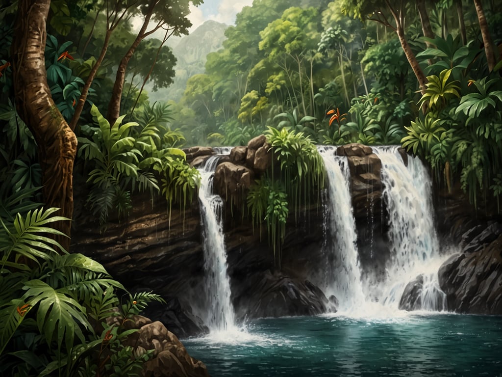 Auf dem Bild ist eine wunderschöne, üppige Dschungellandschaft zu sehen, die das Herz von Costa Rica verkörpert. Jeder Wasserfall fließt sanft über die Felsen und schafft eine friedliche Atmosphäre, während die grüne Vegetation die lebendige Flora des Landes präsentiert. Die Farben sind lebhaft, und das Gesamtbild strahlt die Schönheit und Vielfalt der Natur aus, die Costa Rica berühmt macht.