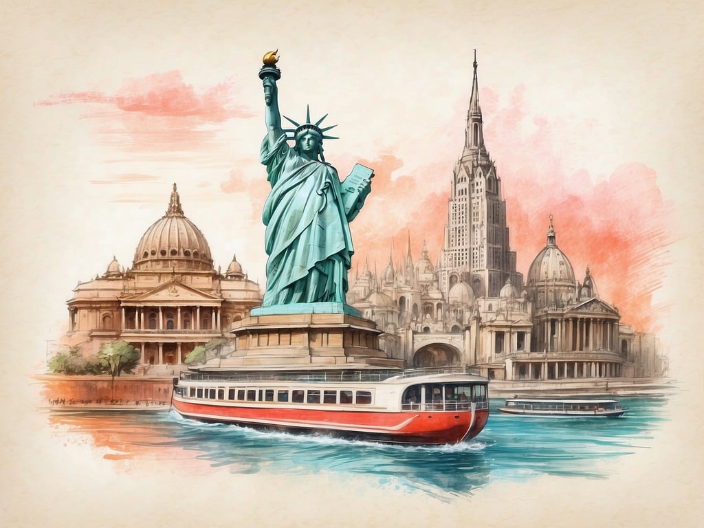 Auf dem Bild sind ikonische Sehenswürdigkeiten dargestellt, die symbolisch für verschiedene Kulturen stehen. Im Vordergrund sieht man die Statue der Freiheit, ein bekanntes Symbol für Freiheit und Einwanderung in New York. Im Hintergrund sind architektonische Meisterwerke zu sehen, darunter der Petersdom, ein bedeutendes Bauwerk in Rom, und einige Wolkenkratzer, die wahrscheinlich auf die Skyline von Manhattan hinweisen. Das Bild verbindet somit verschiedene kulturelle Elemente und Sehenswürdigkeiten, die für die Geschichte und Identität beider Städte stehen.