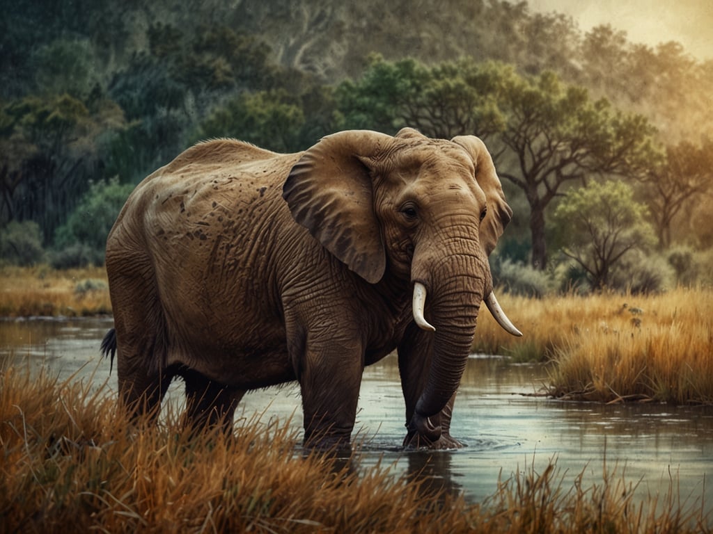 Auf dem Bild ist ein Elefant, der in einem Gewässer steht. Der Elefant ist von hohem, trockenem Gras und Bäumen umgeben, was auf eine savannenartige Landschaft hinweist. Die Szene wirkt friedlich, und das Licht deutet auf einen frühen Morgen oder späten Nachmittag hin, sodass die Natur in sanften Farbtönen leuchtet. Diese Umgebung ist typisch für Lebensräume, in denen Elefanten oft zu finden sind, und zeigt die Verbindung zwischen Tierwelt und Naturphänomenen.
