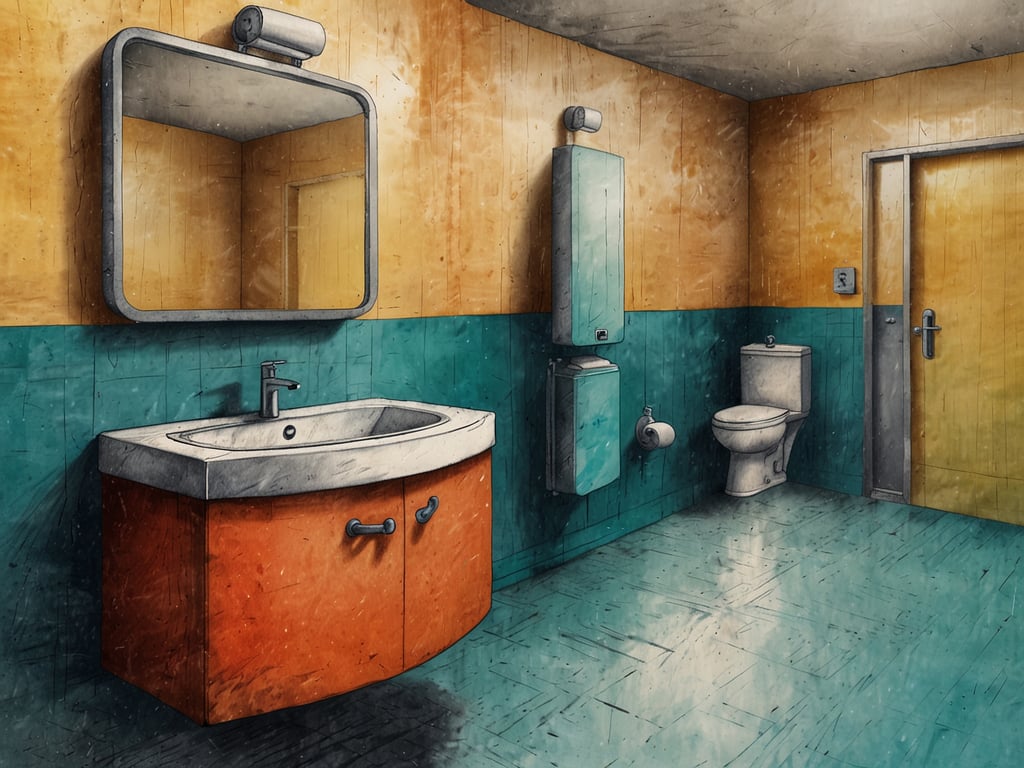 Auf dem Bild ist eine Sanitäreinrichtung zu sehen. Es gibt ein Waschbecken mit einem Spiegel darüber, sowie eine Toilette in der Ecke. Die Wände sind in mehreren Farben gestrichen, und es gibt eine Tür, die in einen anderen Raum führt. Die Einrichtung wirkt einfach und funktional.