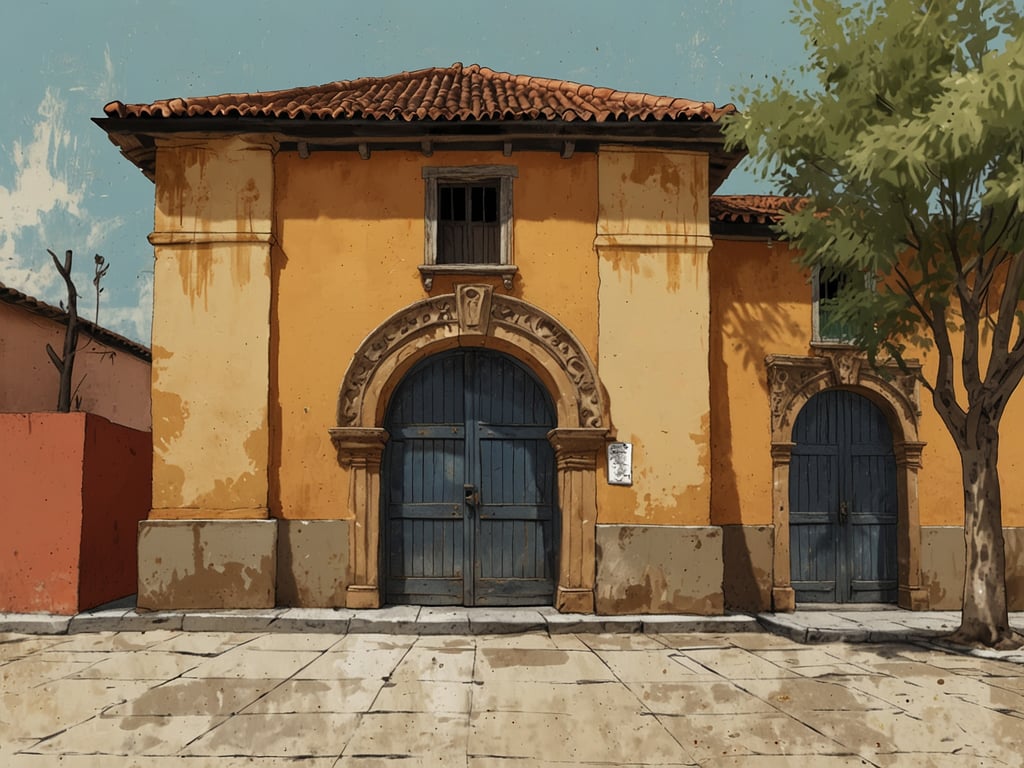 Das Bild zeigt ein historisches Gebäude mit einer gelben Fassade, großen blauen Türen und dekorativen Elementen an den Eingängen. Solche Bauwerke sind in Städten wie Santa Ana de Velasco typisch, die 1617 in Bolivien gegründet wurde. Die Stadt wurde von spanischen Kolonisten als Teil der Bemühungen gegründet, das Gebiet zu besiedeln und zu verwalten. 

Santa Ana de Velasco ist bekannt für ihre koloniale Architektur und ihren bedeutenden kulturellen Erbe. Die erhaltenen Gebäude reflektieren das historische Erbe und die Kunstfertigkeit der Zeit. Die Stadt hat eine reiche Geschichte, die bis in die Zeit der spanischen Kolonialisierung zurückreicht, und sie spielt eine wichtige Rolle in der Geschichte Boliviens.