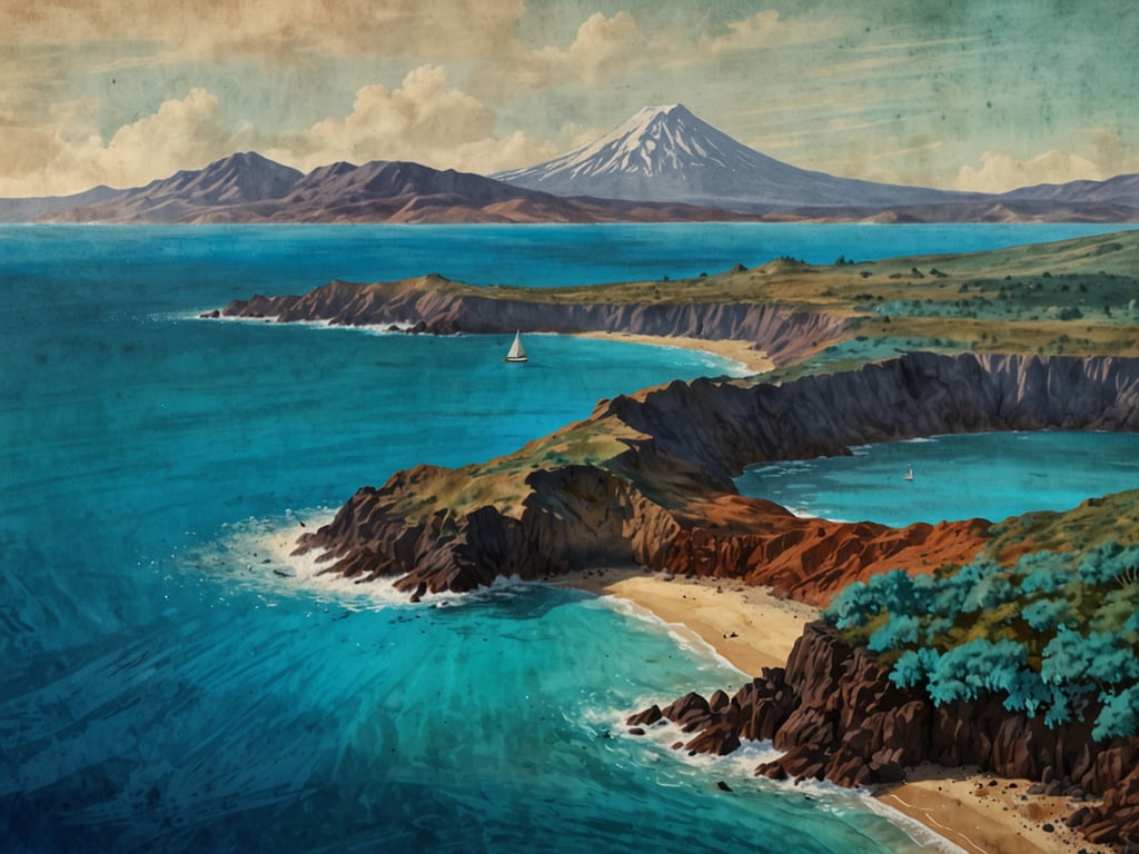Auf dem Bild ist ein atemberaubender Kratersee zu sehen, umgeben von hügeliger Küstenlandschaft. Die tiefblaue Farbe des Wassers kontrastiert mit den grünen Berghängen im Hintergrund und dem sanften Sandstrand. In der Ferne erhebt sich ein majestätischer, schneebedeckter Vulkan, der die Landschaft dominiert. Ein kleines Segelboot gleitet friedlich über die ruhige Wasseroberfläche, während die Wellen sanft an die Küste schlagen. Diese Szenerie vermittelt eine friedliche und natürliche Schönheit, die zum Verweilen einlädt.