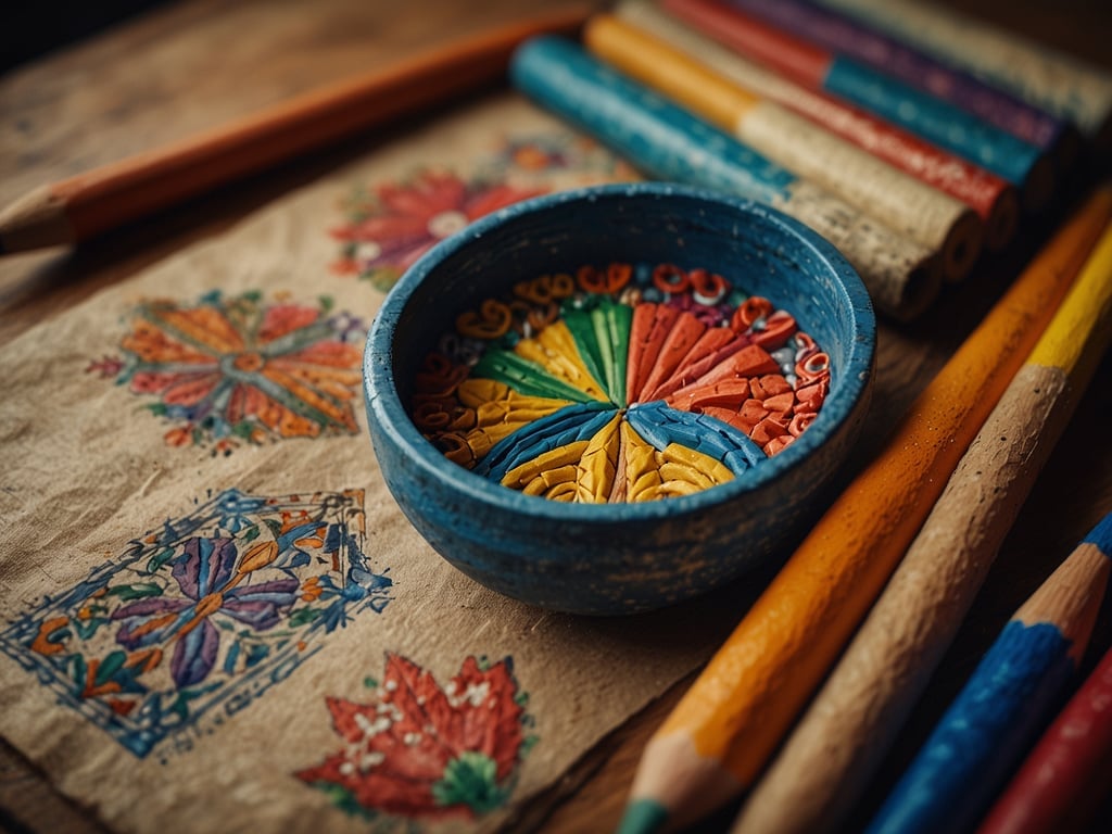 Auf dem Bild sind verschiedene kunsthandwerkliche Gegenstände zu sehen, die typisch für Santiago Atitlán sind. In der Mitte steht eine Schüssel, die farbenfroh mit einem Muster aus verschiedenen Materialien verziert ist, möglicherweise aus Papier oder Ton. Um die Schüssel herum liegen bunte Bleistifte, die darauf hindeuten, dass hier kreative Arbeiten stattfinden. Außerdem gibt es bedrucktes Papier mit farbenfrohen Mustern und Designs, die das reiche kulturelle Erbe der Region widerspiegeln. Diese Kunstwerke sind Ausdruck der traditionellen Handwerkskunst, die in Santiago Atitlán tief verwurzelt ist.