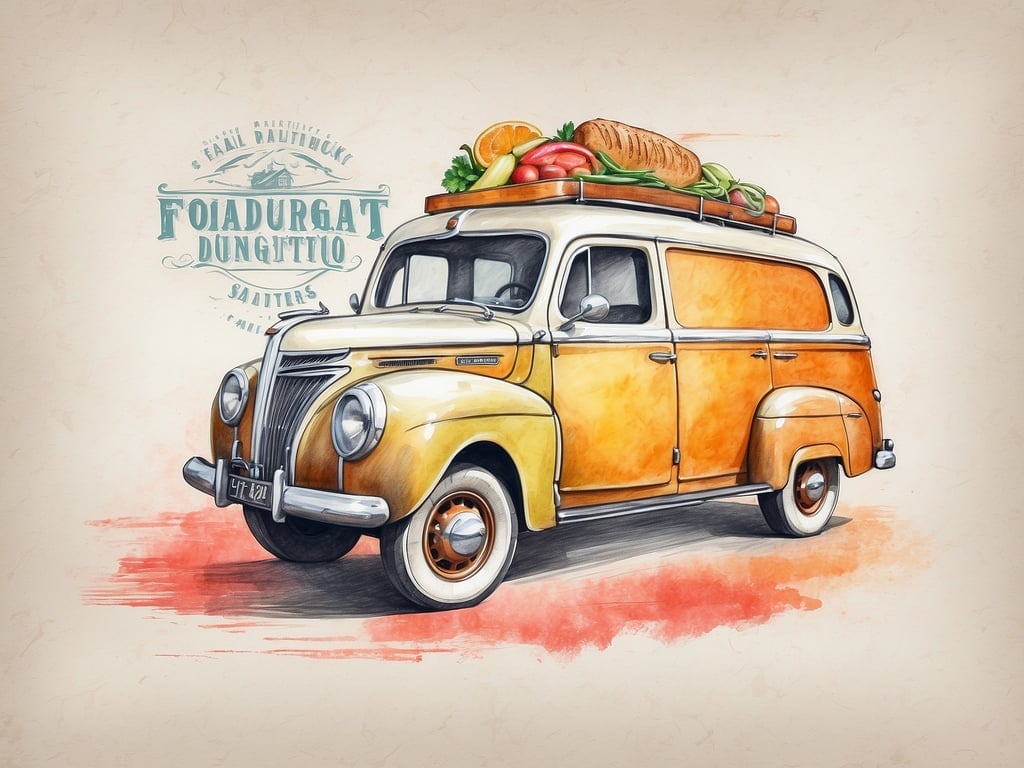 Auf dem Bild ist ein nostalgischer Lieferwagen zu sehen, der mit frischen Lebensmitteln dekoriert ist. Auf dem Dach des Fahrzeugs befinden sich verschiedene kulinarische Leckereien, darunter Obst, Gemüse und ein Laib Brot. Dies könnte auf ein Lebensmittel- oder Gastronomieprojekt hinweisen, das lokale, frische Produkte anbietet. Der Wagen vermittelt ein Gefühl von Tradition und Gemütlichkeit, ideal für Märkte oder Food-Festivals, wo Genuss und gemeinschaftliches Essen im Vordergrund stehen.