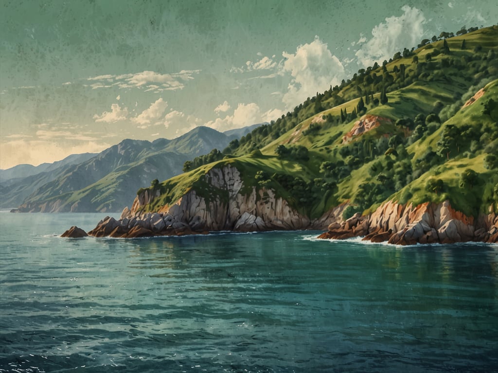 Auf dem Bild ist eine malerische Küstenlandschaft zu sehen. Im Vordergrund erstreckt sich das ruhige, glitzernde Wasser, das die umliegende Küste widerspiegelt. Die Küstenlinie zeigt Felsen und sanfte Buchten, die von üppigem, grünem Bewuchs gesäumt sind. Im Hintergrund erheben sich sanfte Hügel und Berge, die die Küste umrahmen, und der Himmel ist mit ein paar Wolken durchzogen, was eine friedliche Atmosphäre schafft. Diese Szenerie könnte die Natur und Landschaft rund um Sarteneja gut widerspiegeln, geprägt von einer harmonischen Verbindung zwischen Wasser, Felsen und Vegetation.