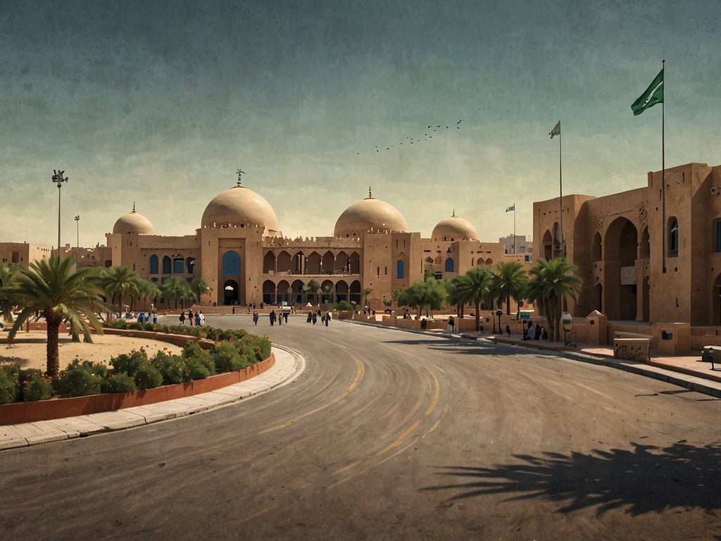 Auf dem Bild ist ein architektonisches Ensemble mit markanten Kuppeln und arabischem Stil zu sehen, umgeben von Palmen und einer geschwungenen Straße. Diese Art von Bauwerk könnte typisch für Saudi-Arabien sein, das sich zunehmend als Hotspot für Geschäftsevents und Tourismus etabliert. Mit seiner reichen Geschichte und kulturellen Erbes zieht das Land immer mehr Besucher an, die sowohl geschäftliche als auch touristische Interessen verfolgen. Die Mischung aus traditioneller Architektur und modernen Elementen könnte dabei ein Zeichen für den Wandel und die Entwicklung Saudi-Arabiens in diesem Bereich sein.
