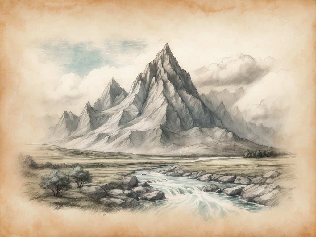 Auf dem Bild ist eine majestätische Berglandschaft zu sehen, die durch eine ruhige Flusslandschaft ergänzt wird. Diese Szenerie könnte Inspiration für die Erzählungen in 