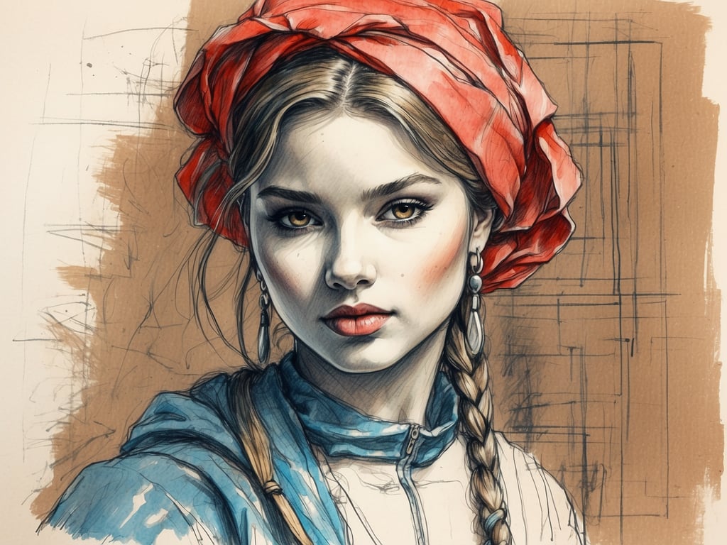 Auf dem Bild ist eine junge Frau mit einem roten Kopftuch und einem blauen Oberteil zu sehen. Ihr Blick ist intensiv und ausdrucksstark, was an die Charaktere in 