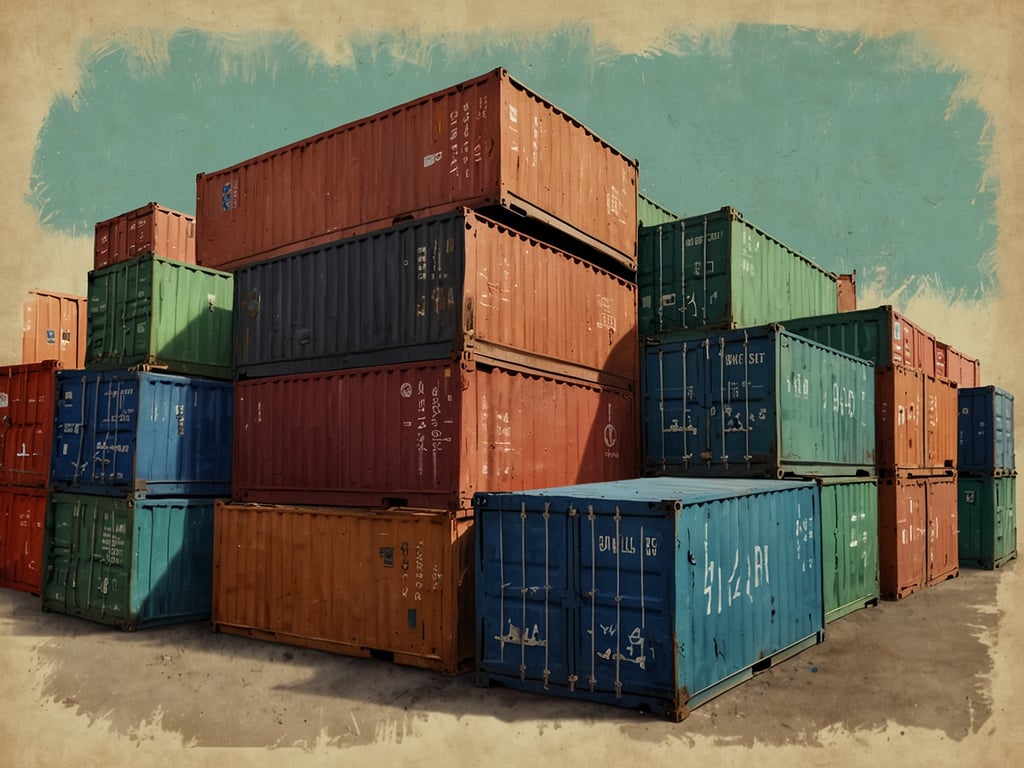 Auf dem Bild sind mehrere große Containerschiff-Ladungen zu sehen, die übereinander gestapelt sind. Die Container sind in verschiedenen Farben wie Blau, Grün, Rot und Orange gehalten. Sie sind ein typischer Anblick in einem Hafen oder einem Lagerplatz für Schiffscontainer und dienen zum Transport von Gütern auf Schiffe.