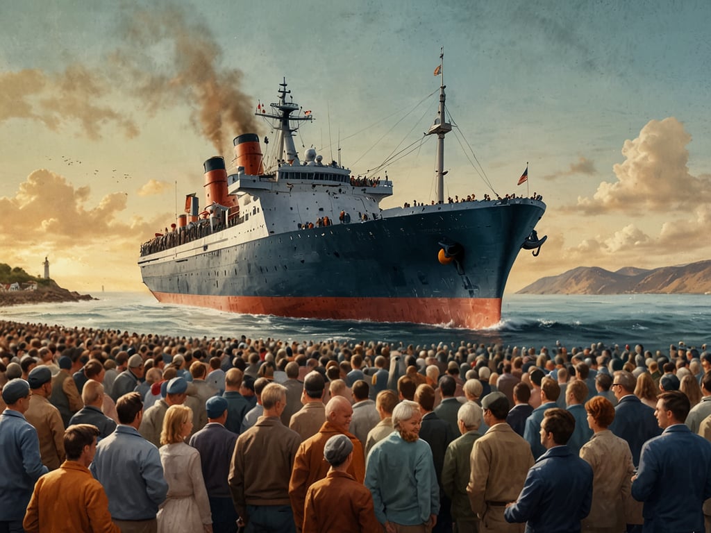 Auf dem Bild ist eine beeindruckende Szene zu sehen, die an eine Schiffstaufe erinnert. Im Vordergrund versammelt sich eine große Menge von Menschen, die dem Schiff beim Auslaufen zusehen. Das Schiff selbst ist prächtig und dampft, während es majestätisch auf die Küste zusteuert. Die Menschen scheinen gespannt und feierlich, was den festlichen Anlass einer Taufe unterstreicht. Im Hintergrund sind Berge und ein Leuchtturm zu sehen, was die Szenerie zusätzlich romantisch und malerisch gestaltet.